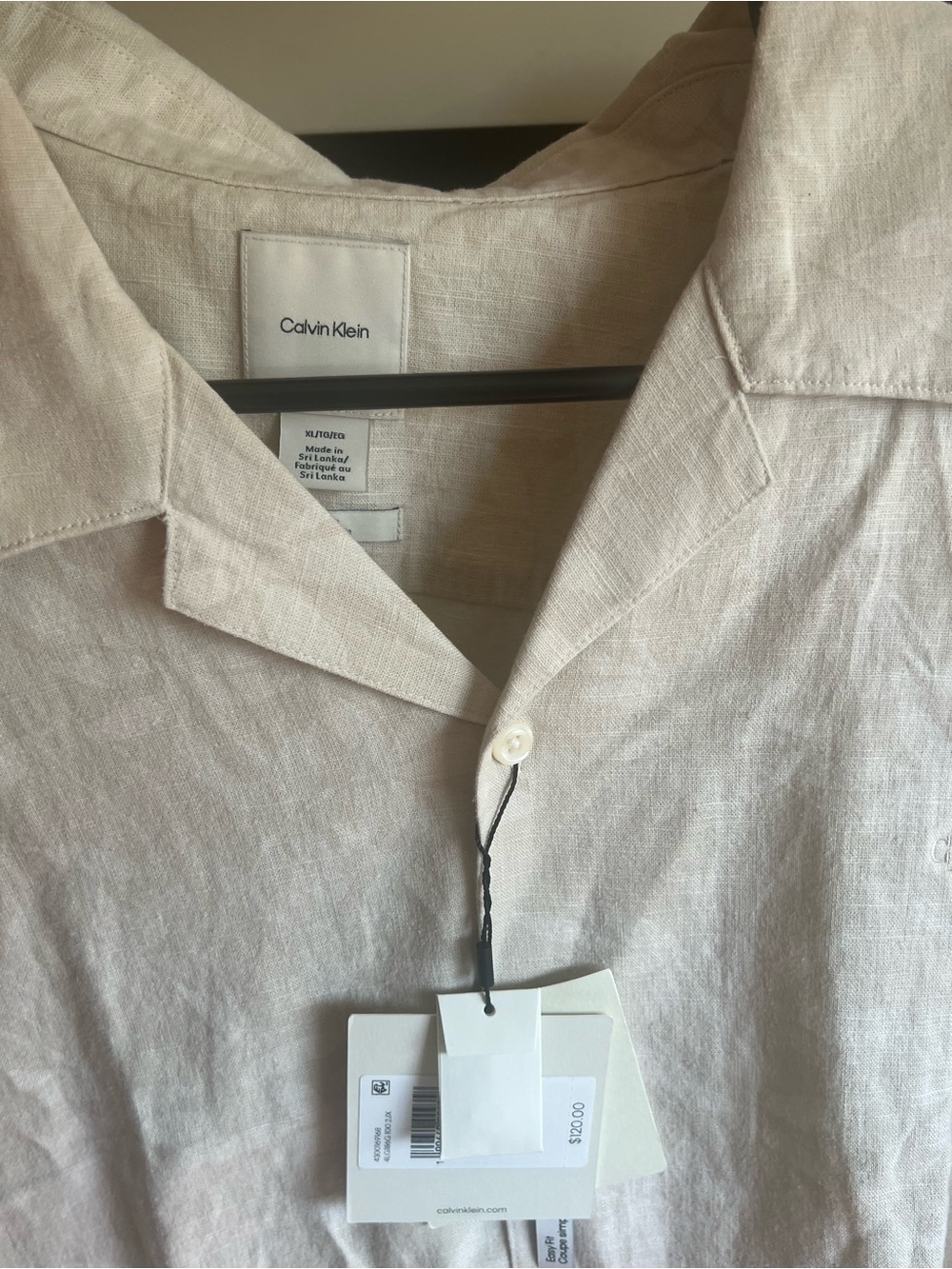 Calvin Klein Men’s Short-Sleeve Linen Button-Down Shirt in Light Beige